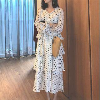 V-neck Dotted Layered Midi A-line Dress