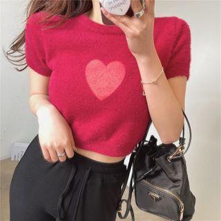 Short-sleeve Heart Print Knit Crop Top