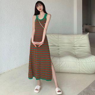 Cat Embroidered Striped Midi Tank Dress Dress - Green & Red - One Size