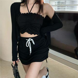 Halter-neck Cropped Camisole Top / Cardigan / Mini Pencil Skirt