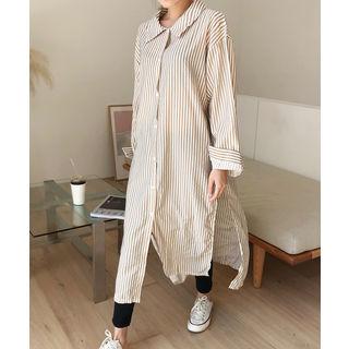 Slit-side Stripe Long Shirt Beige - One Size