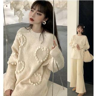 Heart Pattern Sweater / Wide-leg Knit Pants
