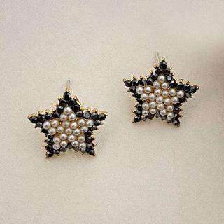 Star Rhinestone Faux Pearl Earring 1 Pair - Black & Pearl White - One Size