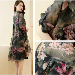 Set: Plain Spaghetti Strap Dress + Flower Print Long Light Jacket