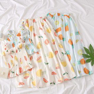 Set: Fruit-print Smocked Top + A-line Skirt