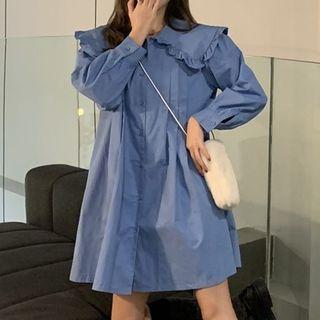 Long-sleeve Collared Mini Shift Dress