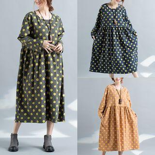 Long-sleeve Dotted Midi A-line Dress