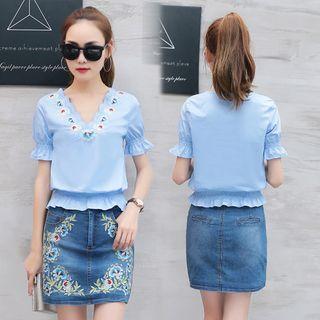 Set: Short-sleeve Embroidered Top + Denim Skirt