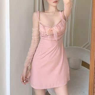 Long-sleeve Cold Shoulder Bow Mini Sheath Dress