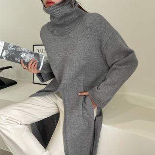 Turtleneck Deep-slit Longline Knit Top