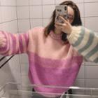 Long-sleeve Color-block Striped Knit Sweater Stripe - One Size