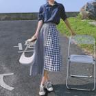 Set: Short-sleeve Denim Shirt + Plaid Asymmetrical Midi A-line Skirt