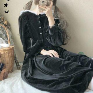 Long-sleeve Collared Maxi Velvet Dress Black - One Size