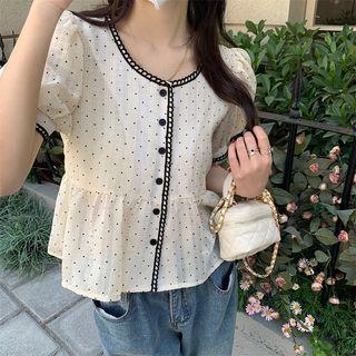 Short-sleeve Dotted Blouse Black Dotted - Beige - One Size
