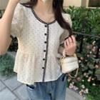 Short-sleeve Dotted Blouse Black Dotted - Beige - One Size