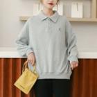 Flower Embroidered Polo-neck Sweatshirt Gray - One Size