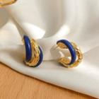 Layered Glaze Alloy Open Hoop Earring 1 Pair - S925 Silver Needle - C-shaped Stud Earrings - Blue & Gold - One Size
