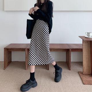 Checkerboard Slit Midi Pencil Skirt Black & White - One Size