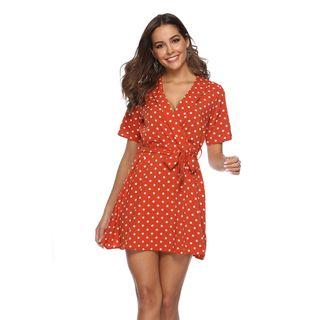Long-sleeve Dotted Mini A-line Wrap Dress