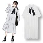 Tie Neck Long-sleeve Midi A-line Dress White - One Size
