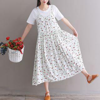 Set: Crew-neck Short-sleeve T-shirt + Printed Midi Spaghetti Strap Dress