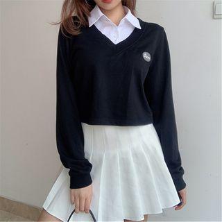 Mock Two-piece Long-sleeve Crop Shirt