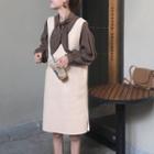 Bow Accent Long-sleeve Blouse / Sleeveless Knit Dress