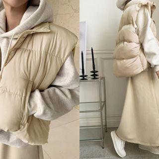 High-neck Zip-up Puffer Vest Beige - One Size