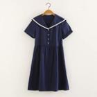Short-sleeve A-line Dress Navy Blue - One Size