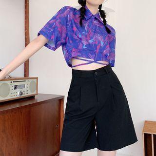 Elbow-sleeve Print Tie-waist Crop Shirt