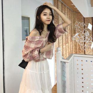 Set: Plaid Shirt + Plain Spaghetti Strap Midi Tiered Dress