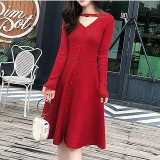 Buttoned A-line Knit Dress