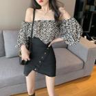 Leopard Print Off-shoulder Puff-sleeve Blouse / Mini Pencil Skirt