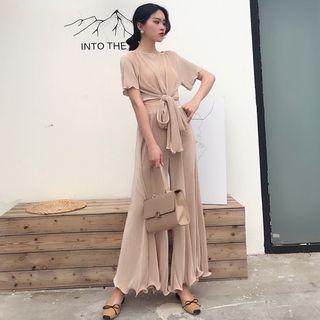 Set: Plain Short-sleeve Top + High Waist Wide-leg Pants