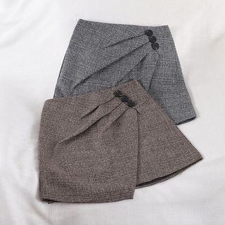 Asymmetric Buttoned Plaid Mini Skirt