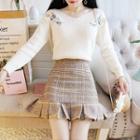 Flower Embroidered Sweater / Plaid Ruffle Hem Mini Skirt / Set