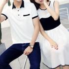 Couple Matching Contrast Trim Short Sleeve Polo Shirt / Sleeveless Dress