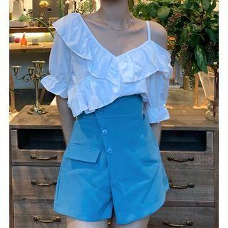 Cold-shoulder Ruffle Trim Plain Top / Asymmetrical Plain Skort