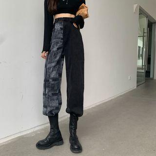 Print Panel Harem Jeans / Belt / Set (various Designs)