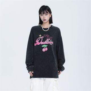 Long-sleeve Letter Print Washed Loose-fit T-shirt