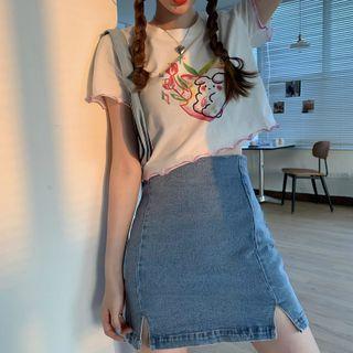 Short-sleeve Cartoon Print Cropped T-shirt / Mini Denim Skirt / Set