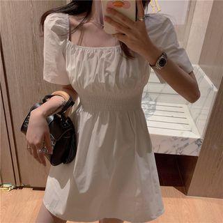 Short-sleeve Plain Square-neck Waist Mini Dress