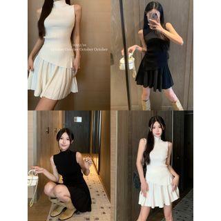 Asymmetrical Mock-neck Tank Top / High-waist Pleated Mini Skirt