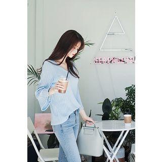 V-neck Bell-sleeve Rib-knit Top