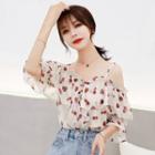 Bell-sleeve Cold-shoulder Strawberry Print Blouse