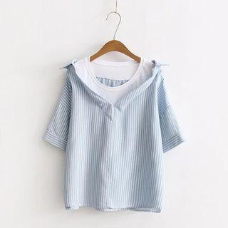 Pinstriped Mock Two-piece Short-sleeve Blouse