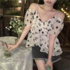 Cold-shoulder Floral Print Blouse Beige - One Size