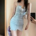 Spaghetti Strap Lace-up Denim Mini Bodycon Dress
