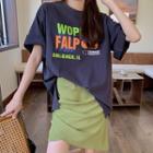 Plain Mini Skirt / Elbow-sleeve Lettering T-shirt