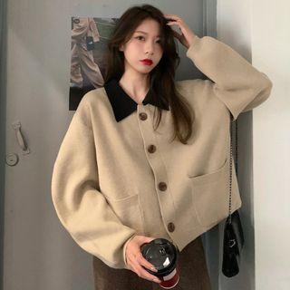 Collared Color Block Buttoned Knit Cardigan
